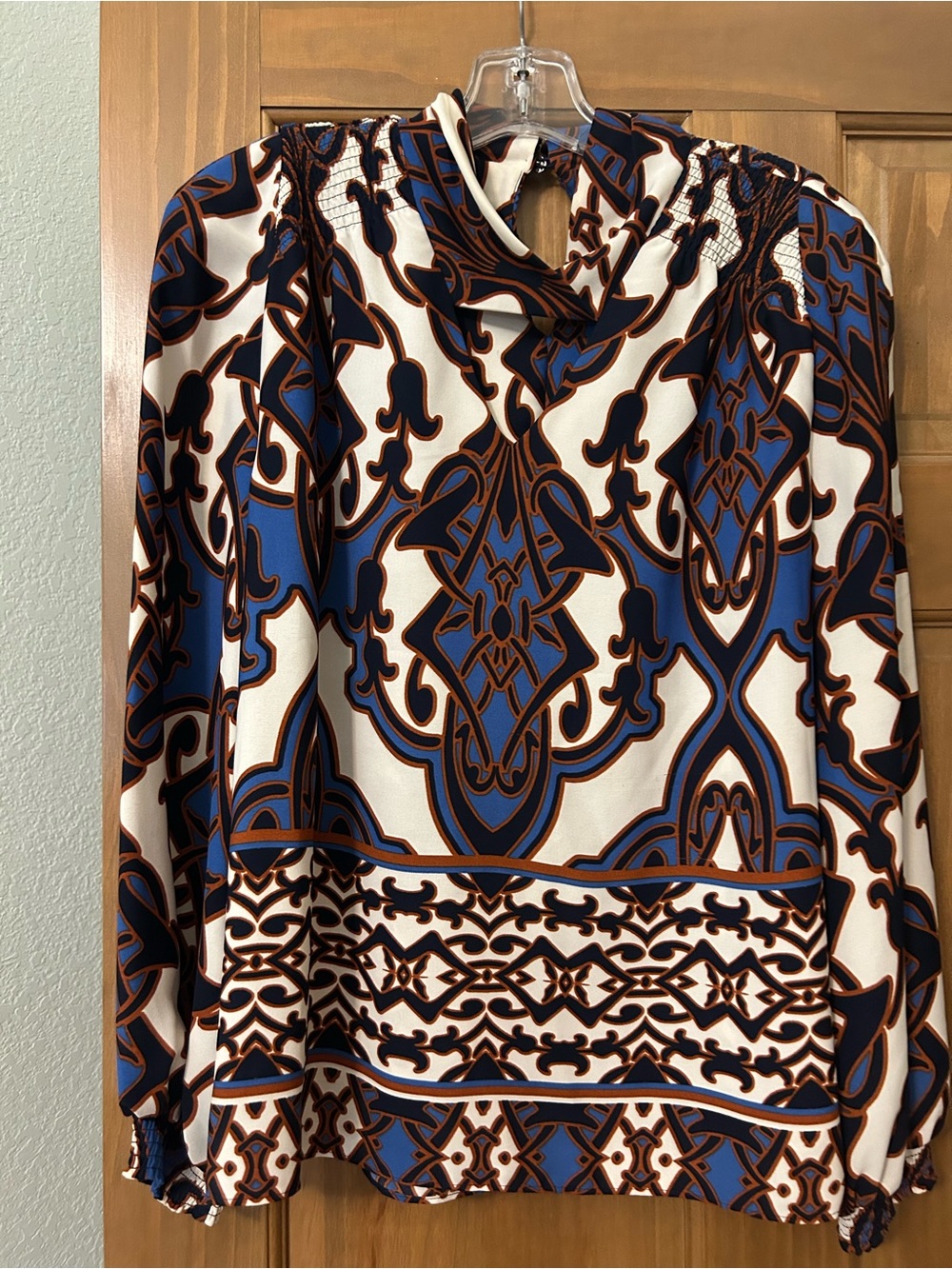 Womens Blue, White & Brown Printed Long-Sleeve Blouse